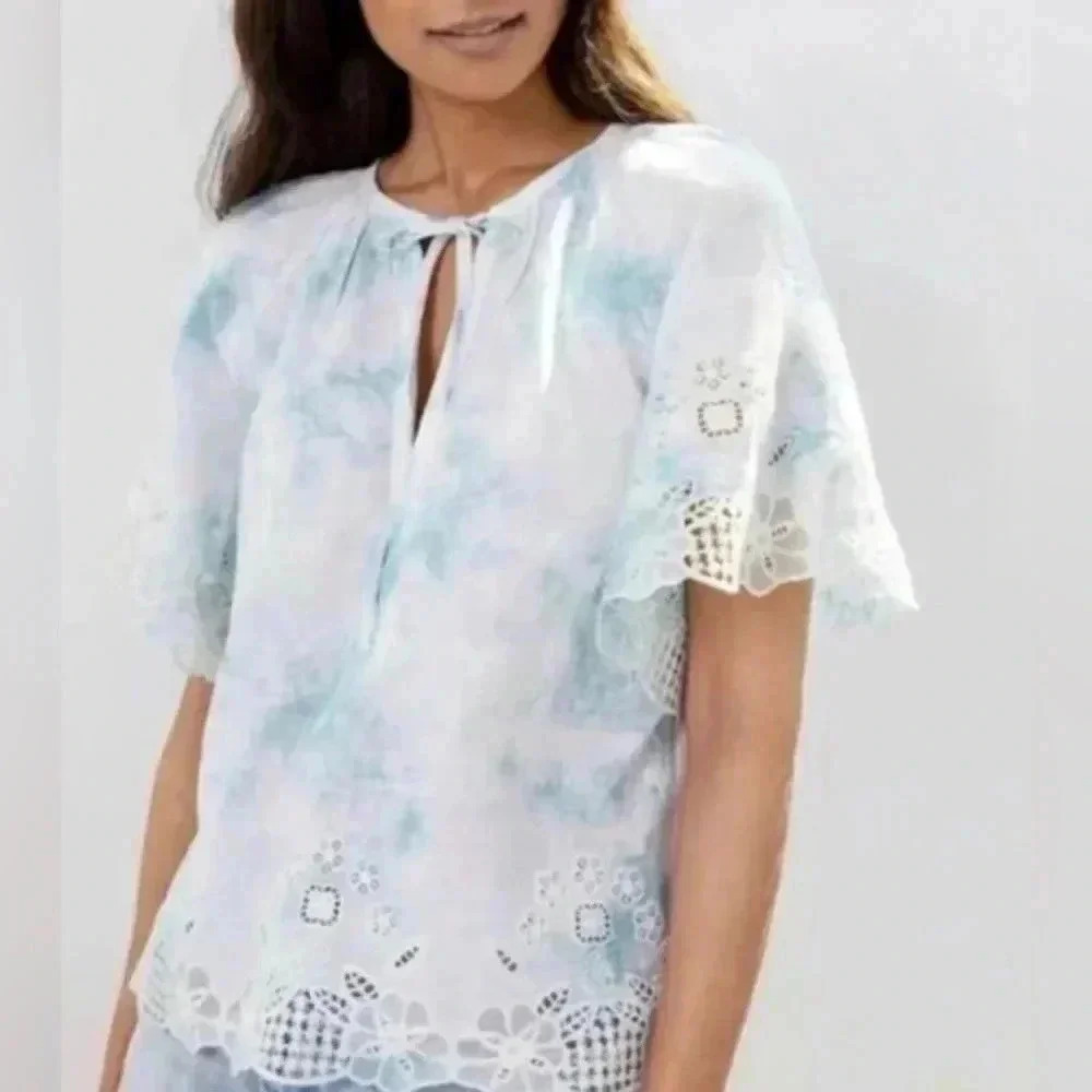 Anthropologie Salma Embroidered Eyelet Tie-Front Top, size L, NWT